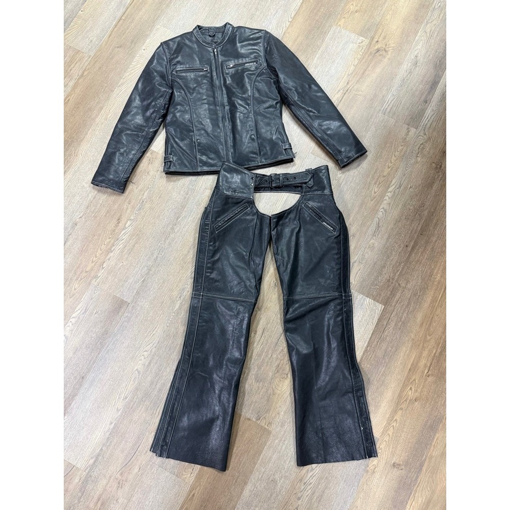 Jamin Leather Motorcycle Jacket and Chaps Set Black White Stitch Womens Medium